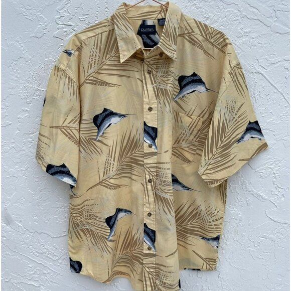 Puritan Mens Swordfish Fish Pattern Aloha Hawaiian Shirt Beige Sz XL - Picture 1 of 6